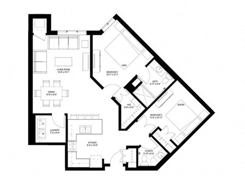 Floor plan for 2 beds, 1.5 baths, 1044 sqft